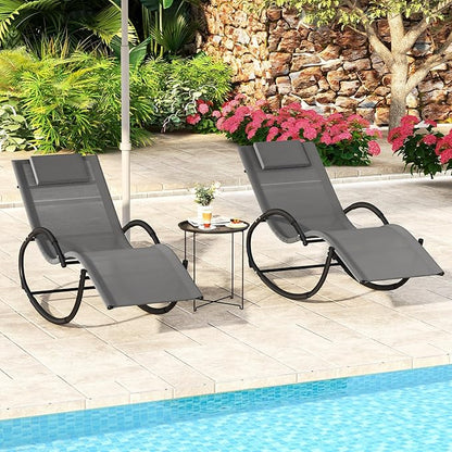 Tangkula Rocking Lounge Chair Outdoor, Zero Gravity Chaise Lounger with Removable Headrest, Fabric Backrest & Seat, Patio Reclining Rocker for Yard, Poolside, Lawn, Garden (1, Grey)