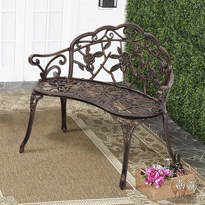 YRLLENSDAN Outdoor Bench 40in Steel Front Porch Decor Floral Garden Bench, Rose Metal Bench Outdoor Loveseat Cast Iron Patio Furniture Lawn Path Yard Deck Decor for 2 Person Seat, Bronze
