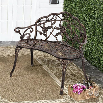 YRLLENSDAN Outdoor Bench 40in Steel Front Porch Decor Floral Garden Bench, Rose Metal Bench Outdoor Loveseat Cast Iron Patio Furniture Lawn Path Yard Deck Decor for 2 Person Seat, Bronze