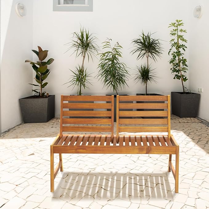 Outdoor Wooden Garden Bench, 2-Person Acacia Wood Loveseat with Adjustable Backrest, 600lbs Capacity, Patio Park Bench for Backyard Deck, Front Porch Bench