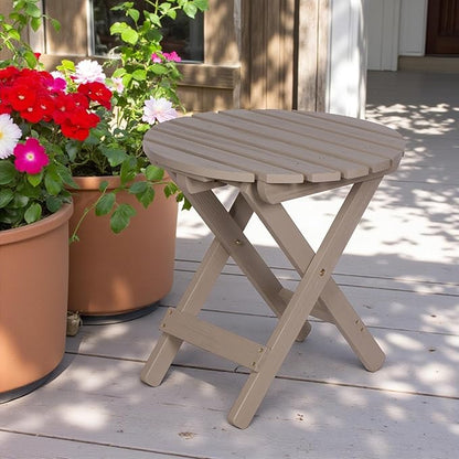 Shine Company Round Wooden Folding Solid Wood Side Table, Outdoor Adirondack Small Patio Table, Graystone