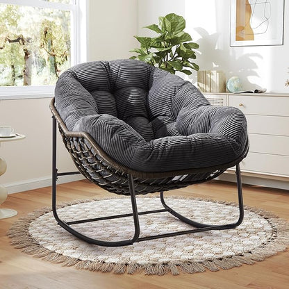 Large Indoor Rocking Chair, Oversized Rocking Papasan Chair with Thick Cushion & Frame, Comfy Corduroy Rocker Wicker Egg Chairs Lounge Reading Chair for Living Room, Bedroom, Apartment, Charcoal Grey