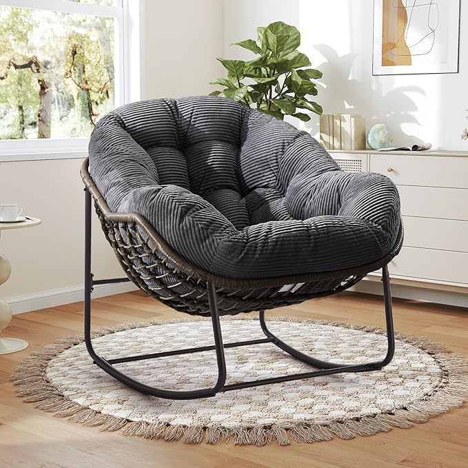 Large Indoor Rocking Chair Set of 2, Oversized Rocking Papasan Chair with Thick Cushion and Frame,Comfy Corduroy Rocker Wicker Egg Chairs Lounge Reading Chair for Living Room, Bedroom,Charcoal Grey