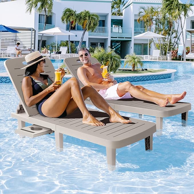 WACASA Outdoor Chaise Lounge Chairs Set of 2, Oversized Lounge Chairs with 5-Level Adjustable Backrest & Cup Holder, Resin Waterproof Pool Lounge Chair for Poolside, Patio, Beach, Yard, Gray