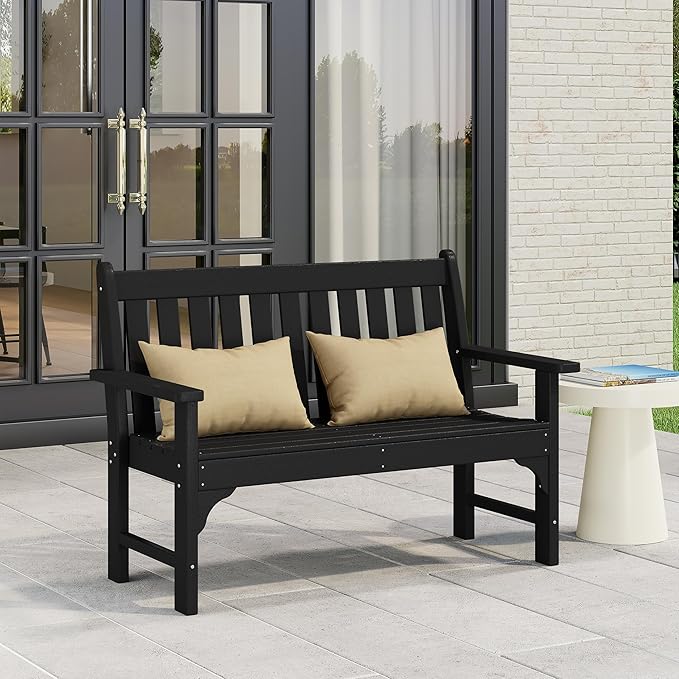 Costaelm Garden Bench, Farmhouse Park Front Porch for Entryway Bench Outdoor Seating Low Bench Patio Bench Outside/Indoor, Black