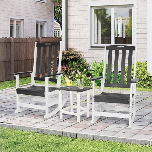 Aoodor Outdoor Rocking Chair, Ergonomic HDPE Rockers with All-Weather Design for Patio or Porch, Clashing Colors, Dark Gray and White