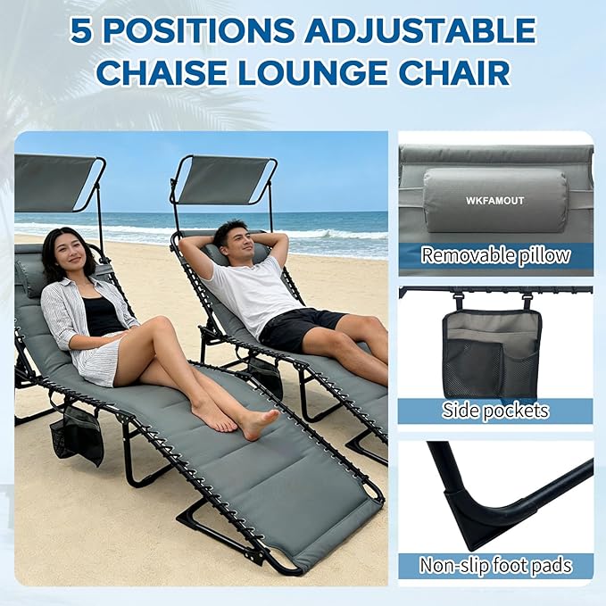 Outdoor Folding Lounge Chair with Removable Canopy & Pillow, Padded Reclining Chaise Lounge Chair 5-Position Heavy Duty Beach Chair for Patio, Beach, Pool, Camping