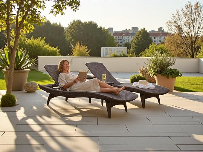 Outdoor Wicker Chaise Lounge Chairs, Adjustable Patio Furniture, Set of 2, (Dark Brown)