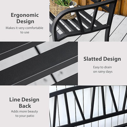 50" Metal Garden Bench, Black Outdoor Bench for 2 People, Park-Style Patio Seating, Decor with Smooth Armrests, Slatted Seat and Backrest, Black