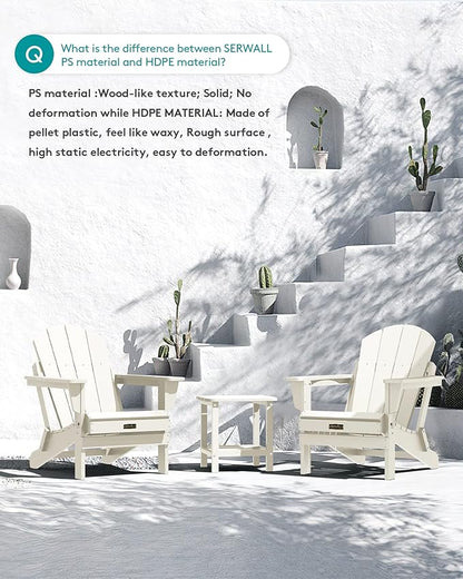 SERWALL Folding Adirondack Chair for Outdoor, All-Weather Patio Chairs with Wood Texture, Fire Pit Chairs for Deck Porch Garden - White