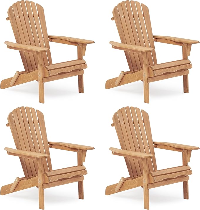 Wooden Folding Adirondack Chair Set of 4, Pre-Assembled BackRest Wood Lounge Chair for Outdoor Patio Garden Lawn Backyard Deck Pool Beach Firepit