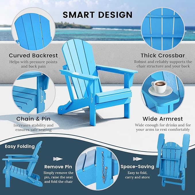 WO WESTIN OUTDOOR HDPE Laguna Outdoor Folding Poly Adirondack Chair (Set of 4), Pacific Blue
