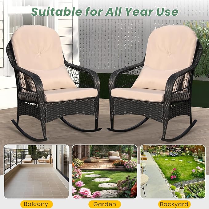 LVUYOYO Outdoor Wicker Rocking Chair of 2, Patio Rattan Rocker Chair with Cushions, Rocking Wicker Furniture Set for Deck, Porch, Garden, Backyard (Khaki)