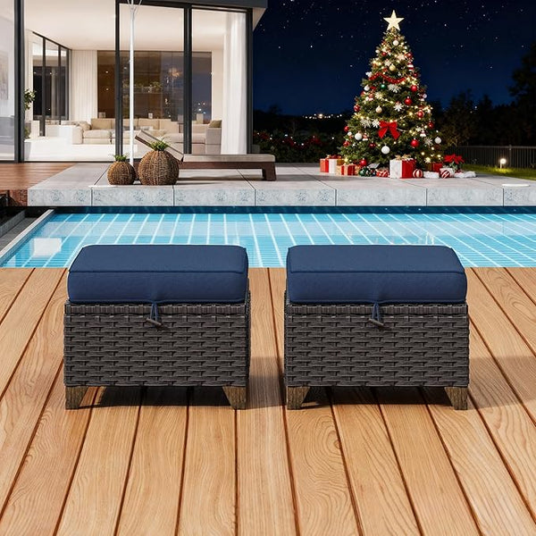 2 Pieces Patio Outdoor Ottomans with Removable and Washable Covers，PE Rattan Wicker Footstools for Porch, Garden - Photo 1