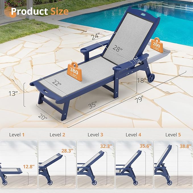 LUE BONA Chaise Lounge Chair Outdoor Set of 4, HDPS and HDPE Wicker Material - Photo 2