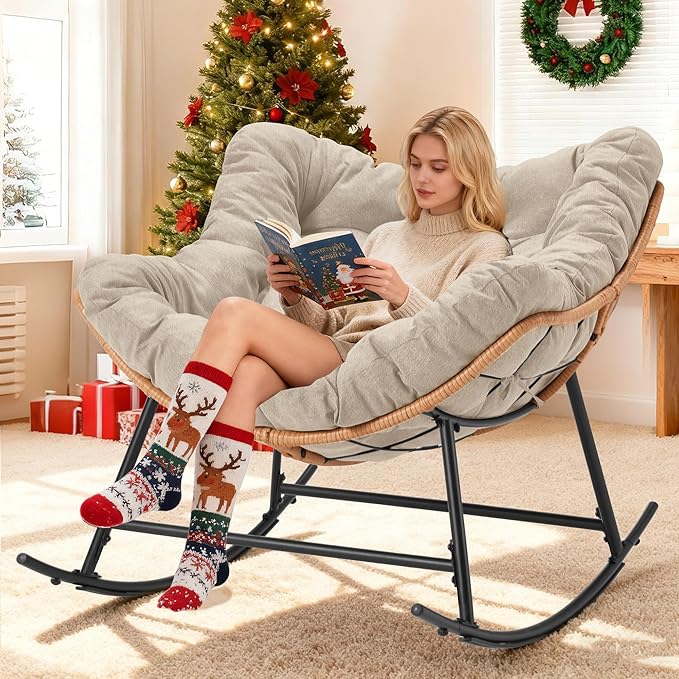 Outdoor Rocking Chair, Oversized Papasan Reading Chair Indoor with Thick Cushion, Comfy Rattan Rocker Egg Chair for Patio, Garden, Balcony, Lawn, Backyard, Bedroom, up to 450lbs, Beige