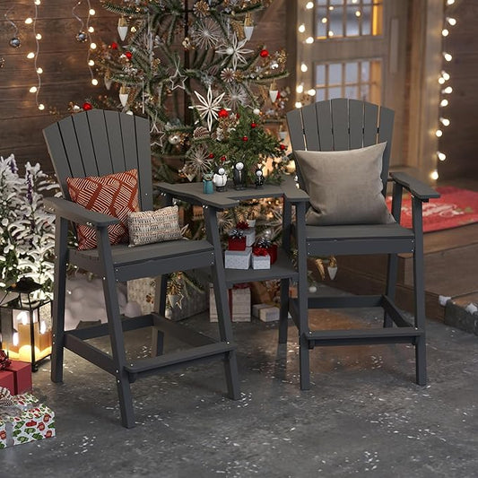 Tall Adirondack Chairs Set of 2, Bar Height HDPE Deck Chairs with Connecting Trays & Umbrella Hole, Weatherproof Patio Bar Stools for Balcony, Garden, Grey