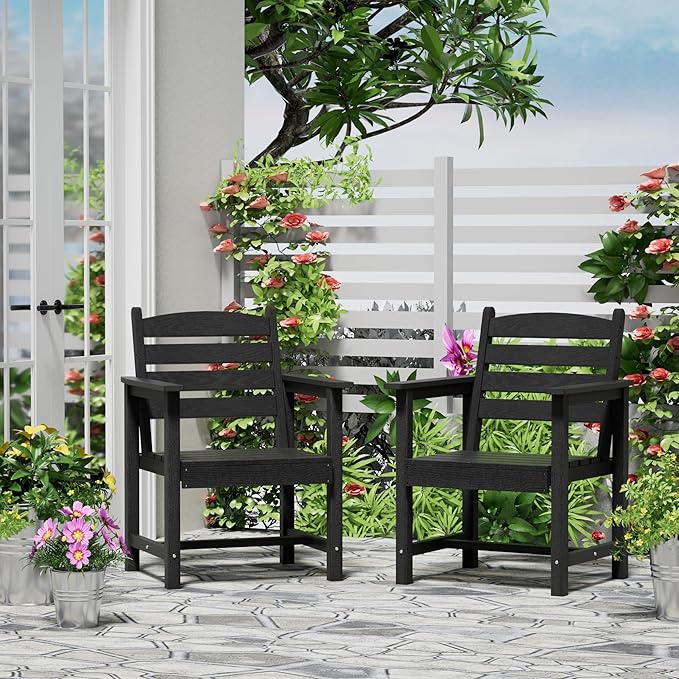 Scurrty Plastic Adirondack Chairs Set of 2, Patio Chairs with Wood Texture,Lawn Fire Pit Deck Porch Garden Chairs for Adults (Black)