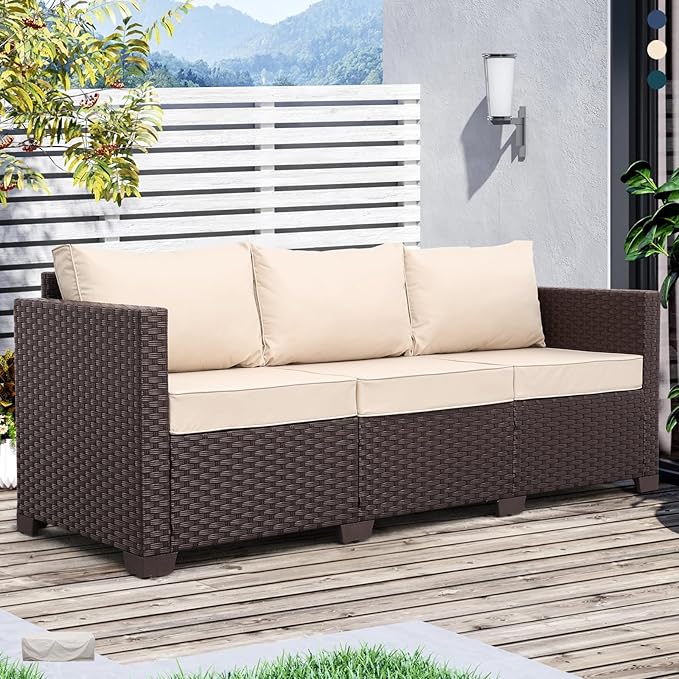 Patio Furniture 3-seat Sofa Wicker Outdoor Furniture Outdoor Couch Deep Seat Hight Backrest Non-Slip Cushions, Khaki - Photo 3
