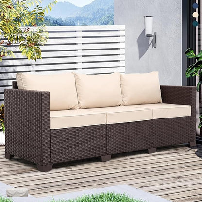 Patio Furniture 3-seat Sofa Wicker Outdoor Furniture Outdoor Couch Deep Seat Hight Backrest Non-Slip Cushions, Khaki