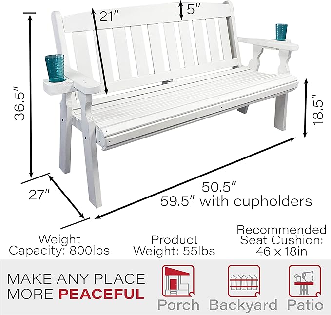 Amish Casual Heavy Duty 800 Lb Mission Pressure Treated Garden Bench with Cupholders (4 Foot, Semi-Solid White Stain)