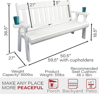 Amish Casual Heavy Duty 800 Lb Mission Pressure Treated Garden Bench with Cupholders (4 Foot, Semi-Solid White Stain)