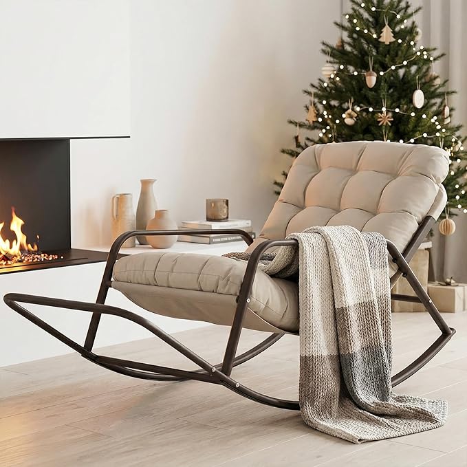 NICESOUL Papasan Rocking Chair with Footrest, Outdoor Rocking Chair with Cushion, Oversized Patio Rocker, Recliner-Style Comfort, Heavy Duty Steel Frame, Indoor Balcony Backyard, Beige