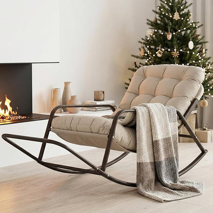 NICESOUL Papasan Rocking Chair with Footrest, Outdoor Rocking Chair with Cushion, Oversized Patio Rocker, Recliner-Style Comfort, Heavy Duty Steel Frame, Indoor Balcony Backyard, Beige