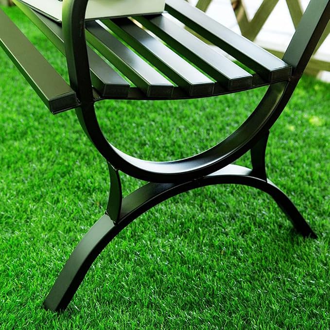 Outdoor Metal Garden Bench with Armrests - Slatted Patio Park Seating for Yard, Porch, Lawn, Balcony, Backyard - Durable Black & Red Finish
