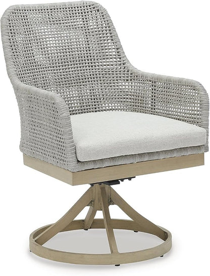 Signature Design by Ashley Seton Creek Cottage Nuvella Weather Resistant Fabric Outdoor Swivel Dining Chair with Cushion, Set of 2, Light Brown & Light Gray
