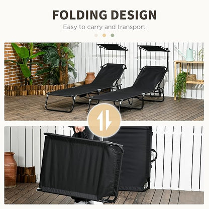 Outsunny Folding Chaise Lounge Pool Lounge Chairs Set of 2, Outdoor Sun Tanning Chairs with Canopy Shade, Reclining Back, Steel Frame and Side Pocket for Beach, Yard, Patio, Black