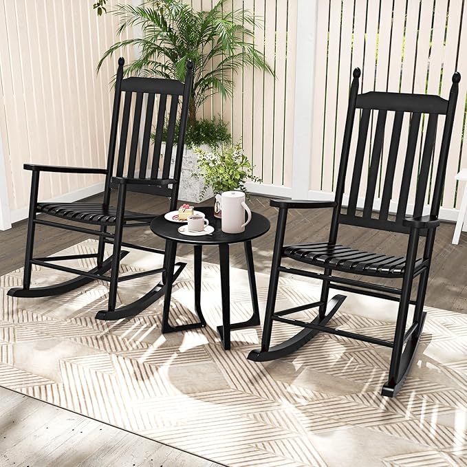Giantex Outdoor Rocking Chair Set of 2, All Weather Patio Rocker w/Solid Rocking Base & High-Back, Slatted Seat & Back, Acacia Wood Porch Rocker, Wooden Patio Rocking Chair for Poolside, Black
