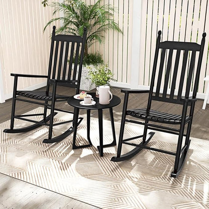 Giantex Outdoor Rocking Chair Set of 2, All Weather Patio Rocker w/Solid Rocking Base & High-Back, Slatted Seat & Back, Acacia Wood Porch Rocker, Wooden Patio Rocking Chair for Poolside, Black