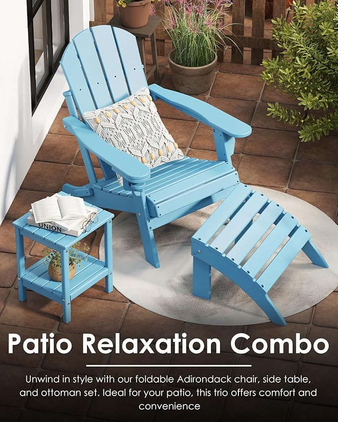 GREENVINES Folding-Adirondack-Chair | HDPE Plastic | Fire Pit Chairs | All Weather | Cup Holder | Arctic | for Deck Backyard Patio Outdoor Garden
