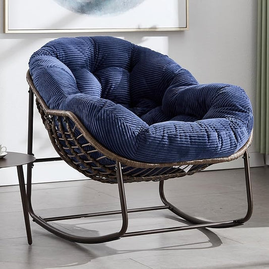 HOMEFUN Outdoor Patio Rocking Chairs, Oversized Papasan Rock Chair Indoor with Striped Velvet Padded Cushion - Rocker Egg Seat for Front Porch, Garden, Patio, Backyard Navy