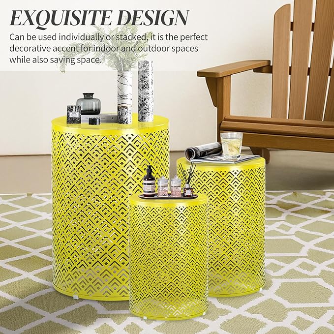 Outvita Outdoor Nesting Tables Set of 3, Heavy Duty Metal Frame Accent Modern End Table, Portable Side Table for Indoor, Outdoor, Living Room, Meander Pattern - Yellow