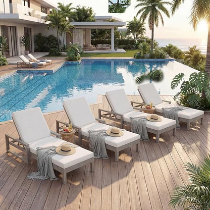 Outdoor Chaise Lounge Chair Set of 4, Patio Chaise Lounge Recliner with Adjustable Backrest, Acacia Wood Poolside Chaise Lounge with Thick All-Weather Cushions for Patio, Deck and Backyard(B)