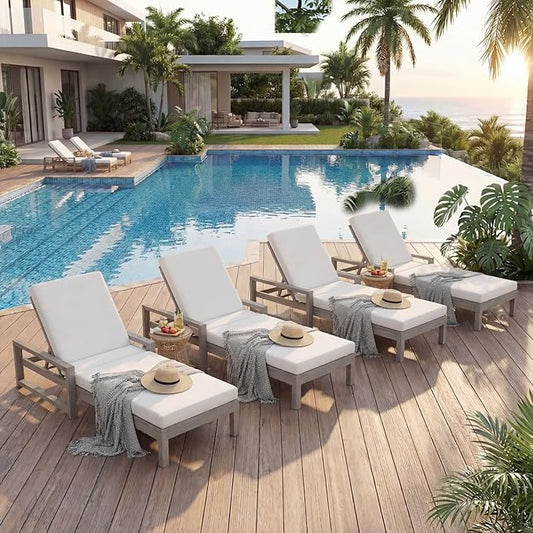 Outdoor Chaise Lounge Chair Set of 4, Patio Chaise Lounge Recliner with Adjustable Backrest, Acacia Wood Poolside Chaise Lounge with Thick All-Weather Cushions for Patio, Deck and Backyard(B)