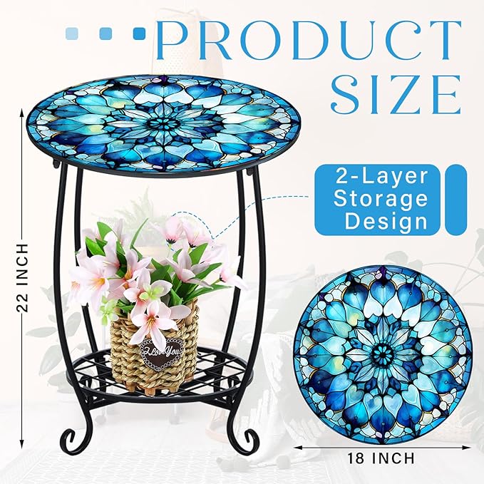 Outdoor Side Table Round Small Mosaic Patio Accent Indoor End Plant Coffee Tea Table for Yard Patio Porch Garden Living Room, Bedroom(Mandala Style2,18 Inch)