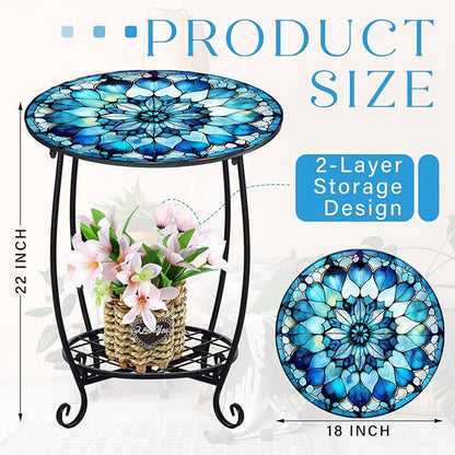 Outdoor Side Table Round Small Mosaic Patio Accent Indoor End Plant Coffee Tea Table for Yard Patio Porch Garden Living Room, Bedroom(Mandala Style2,18 Inch)