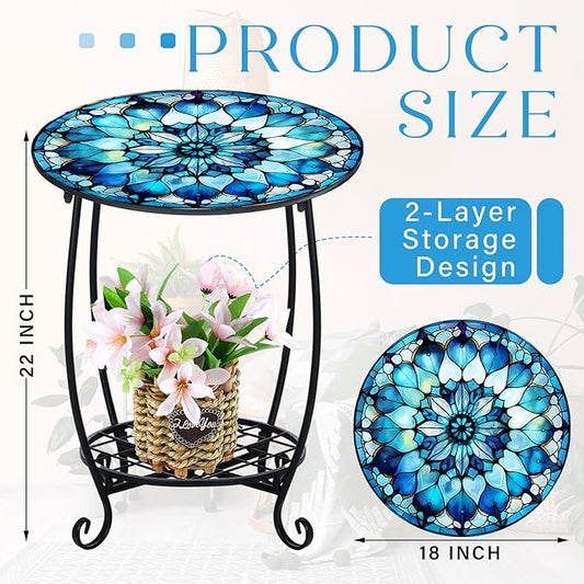Outdoor Side Table Round Small Mosaic Patio Accent Indoor End Plant Coffee Tea Table for Yard Patio Porch Garden Living Room, Bedroom(Mandala Style2,18 Inch)