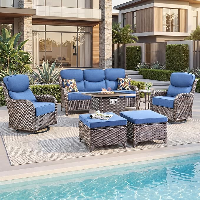 Luxury Patio Furniture Set with 6-inch Thick Cushion, Outdoor Furniture with Fire Pit Table, Swivel Chairs, Sofa - Photo 6
