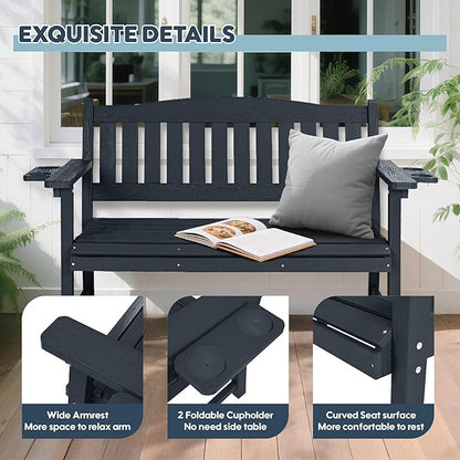 2-Person HIPS Outdoor Bench, Weatherproof Garden Bench with 800 lbs Weight Capacity, Artificial Wood Grains, Never Rot or Fade, Patio Benches for Garden, Porch, Balcony, Backyard,Park, Black