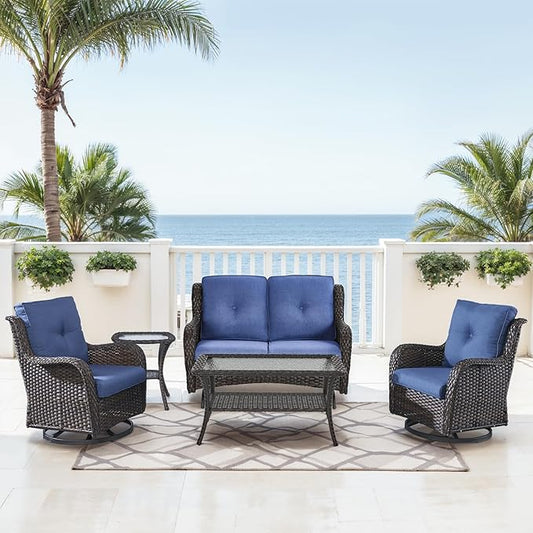 Patio Loveseat Glider Set, Resin Wicker Loveseat Glider with 2 Swivel Patio Chiars Coffee Table and Side Table, 5 Piece Patio Furniture Set Loveseat Set, Brown Wicker|Blue Cushions