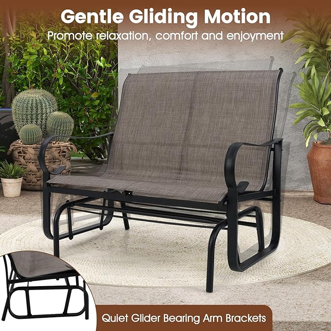 Giantex 2-Person Outdoor Glider Bench with High Backrest, Mesh Fabric, Metal Frame, 660Lbs Capacity, Rocking Chair, Swing Loveseat, Patio Glider for Garden, Poolside, Yard (31.5"x41"x37",Mix Brown)