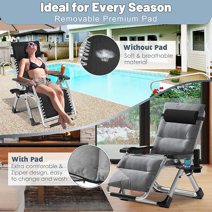 Slsy Zero Gravity Chair, Reclining Lounge Chair with Removable Cushion & Tray for Indoor and Outdoor, Patio Recliner Folding Reclining Chair