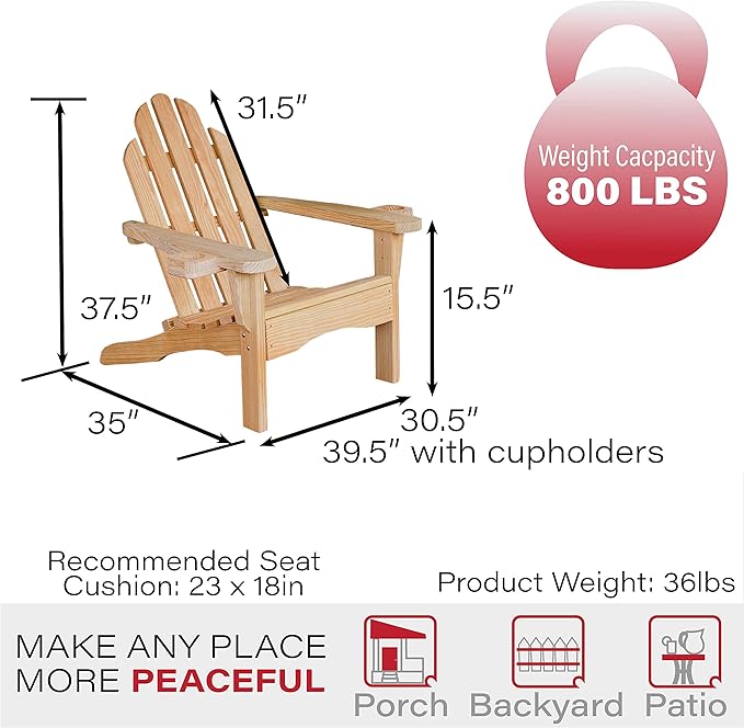 Amish Casual Heavy Duty Adirondack Chair with Cup Holder in Unfinished - Authentic Amish Craftmanship from Treated Pine, Outdoor Chair Made in The USA, 800 Lb Weight Capacity