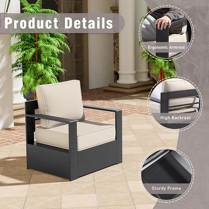 Outdoor Aluminum Furniture Set, 3-Piece Patio Conversation Set, 2 Chairs and 1 Sofa, All-Weather Metal Frame, 6" Thick Removable Cushions, Deep Setting for Garden, Poolside and Porch