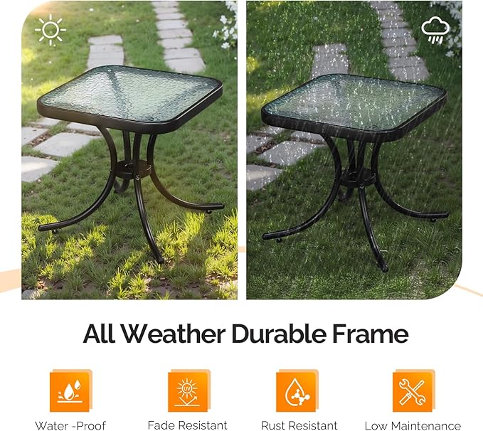 VINGLI Outdoor Side Table, 18" Patio Table Steel Frame Tempered Glass Top, Weatherproof Small Tables for Balcony Garden Poolside (Black, Square)