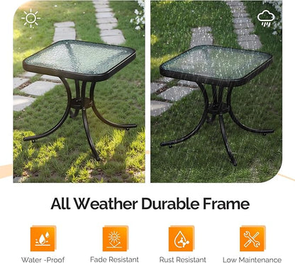 VINGLI Outdoor Side Table, 18" Patio Table Steel Frame Tempered Glass Top, Weatherproof Small Tables for Balcony Garden Poolside (Black, Square)